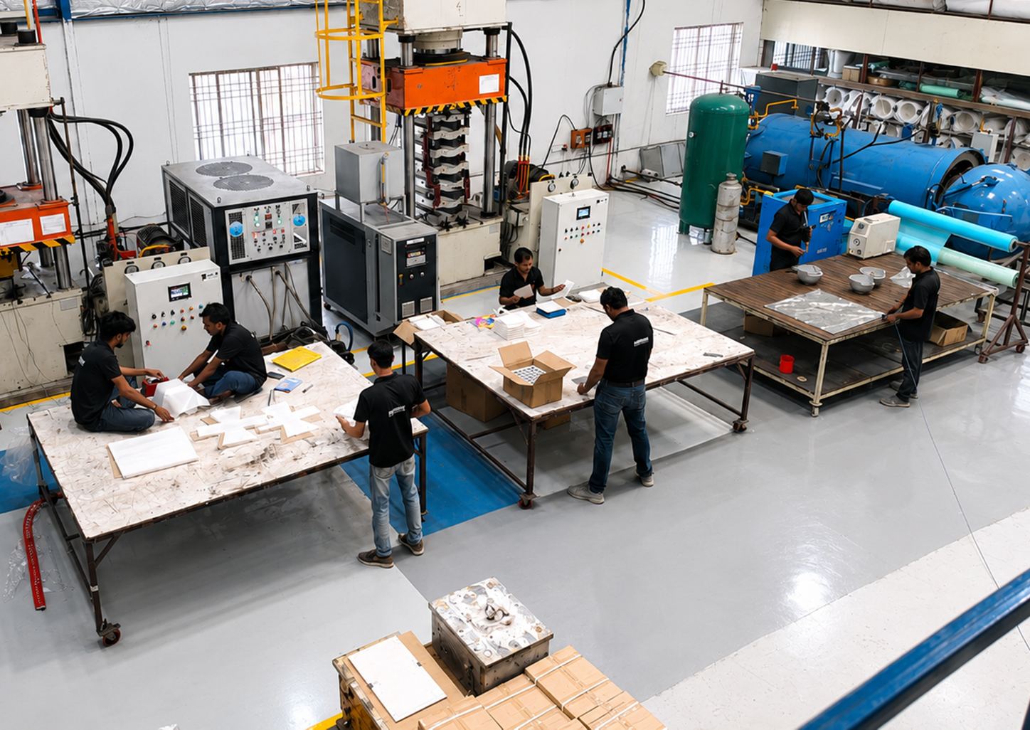 Shop floor — press, autoclave, assembly tables