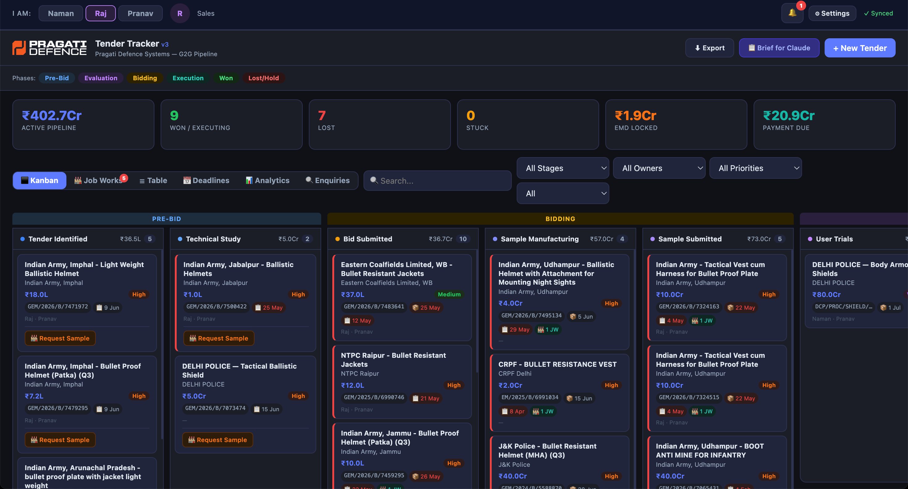 Tender Tracker pipeline view